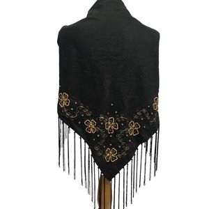 Cejon Black Faux Suede Beaded Fringed Trim Shawl NWT